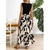 Elegant Dress Colorblock Minimalist Leaf Print V Notched Belt Maxi Dress - BLACK M | US 6