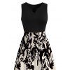 Vacation Dress Colorblock Ink Wash Botanical Print V Notched Belt Dress - Noir XXXXXL | US 20