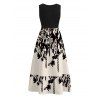 Vacation Dress Colorblock Ink Wash Botanical Print V Notched Belt Dress - Noir XXXXXL | US 20