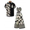 Hawaii Couple Outfit Tribal Hibiscus Floral Print Bowknot Off the Shoulder Jumpsuit and Shirt Set - Noir S | US 4