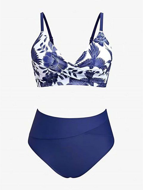 Hawaiian Swimsuit Vintage Bird Floral Print Twist Bra and High Waisted Bottom Swimwear Set