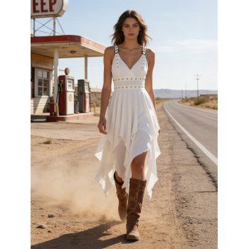 Plain Color Layered Dress Grommet Plunging Neck Empire Waist Adjustable Strap Asymmetrical Midi Dress