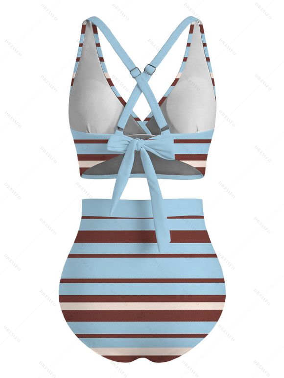 Vacation Swimsuit Colorful Striped Print Crossover Tummy Control Ruched Briefs Swimwear Set - Bleu Toile de Jean XXL | US 14