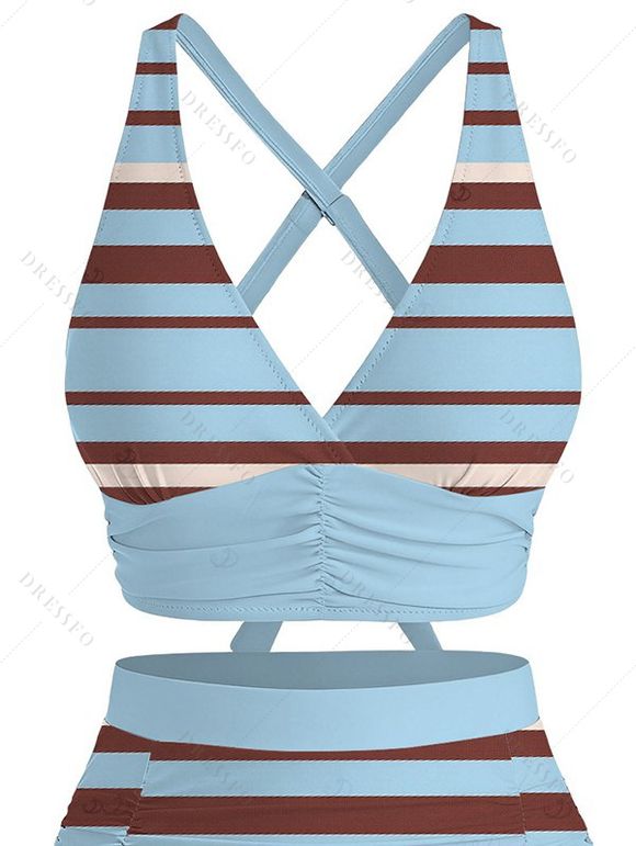 Vacation Swimsuit Colorful Striped Print Crossover Tummy Control Ruched Briefs Swimwear Set - Bleu Toile de Jean XXL | US 14