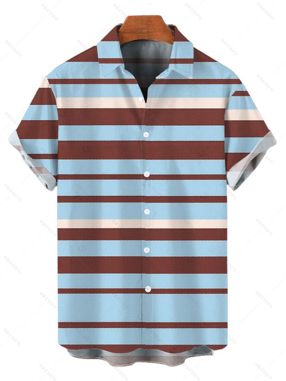 Vacation Couple Outfit Colorful Striped Print Crossover Ruched Swimsuit and Shirt Set - Bleu Toile de Jean S | US 4