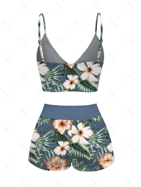 Hawaii Vacation Swimsuit Set Tropical Hibiscus Floral Leaf Print Cinched Boyshorts Swimwear - Paon Bleu XXL | US 14