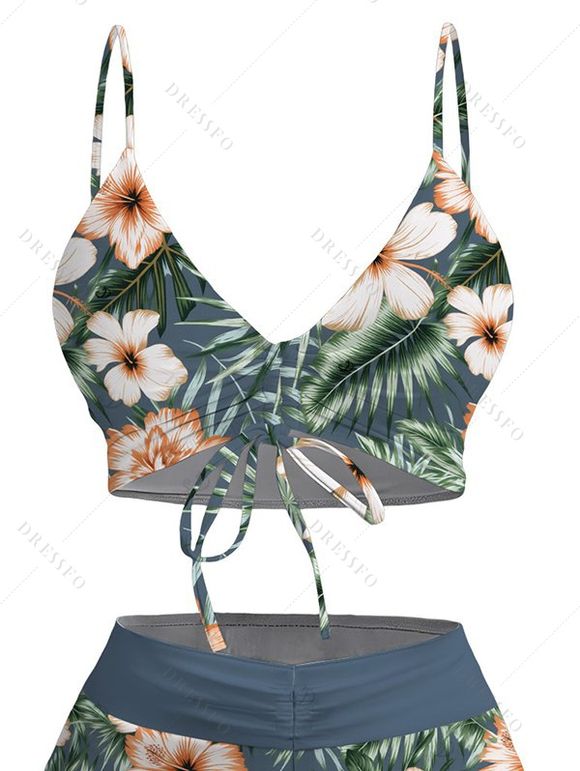 Hawaii Vacation Swimsuit Set Tropical Hibiscus Floral Leaf Print Cinched Boyshorts Swimwear - Paon Bleu XXL | US 14
