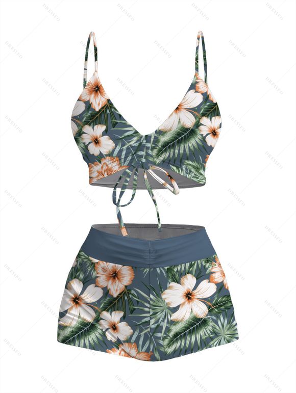 Hawaii Couple Outfit Hibiscus Floral Leaf Print Cinched Boyshorts Swimsuit and Shirt Set - Paon Bleu S | US 4