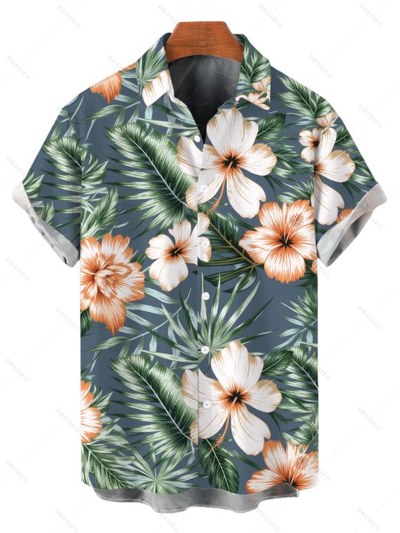 Hawaii Couple Outfit Hibiscus Floral Leaf Print Cinched Boyshorts Swimsuit and Shirt Set - Paon Bleu S | US 4