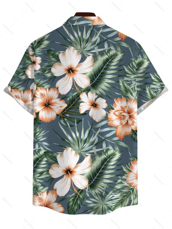 Hawaii Couple Outfit Hibiscus Floral Leaf Print Cinched Boyshorts Swimsuit and Shirt Set - Paon Bleu S | US 4