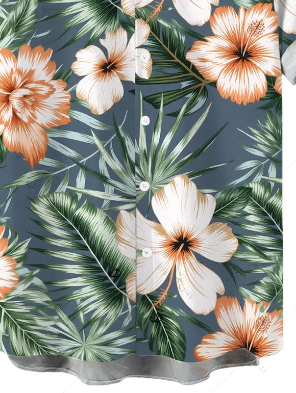 Men's Hawaii Vacation Shirt Tropical Hibiscus Floral Leaf Print Button Up Shirt - Paon Bleu 5XL