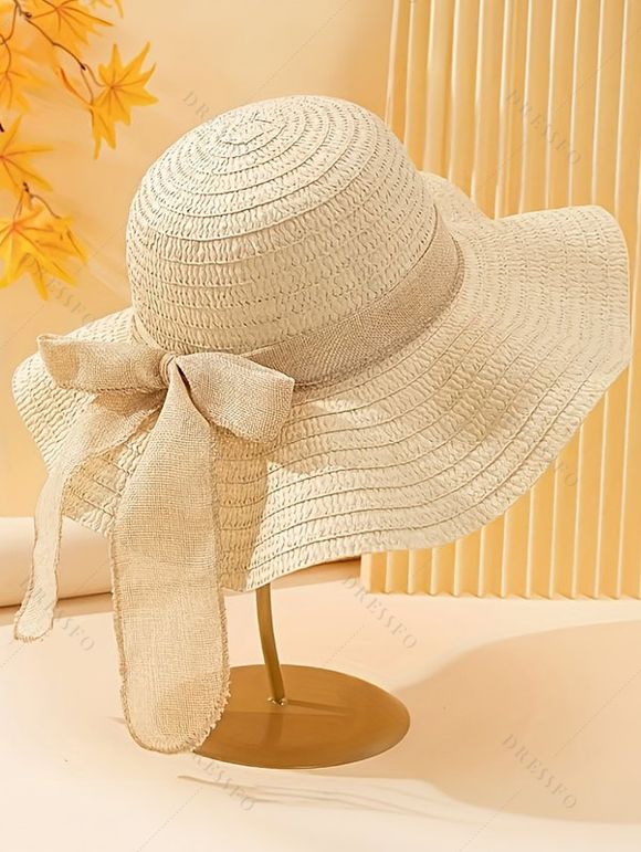 Beach Straw Hat Bowknot Ribbon Wave Brim UV Protection Vacation Hat - café lumière 