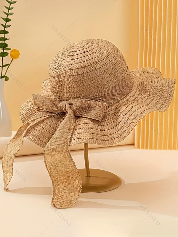 Beach Straw Hat Bowknot Ribbon Wave Brim UV Protection Vacation Hat - Brun 