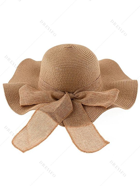 Beach Straw Hat Bowknot Ribbon Wave Brim UV Protection Vacation Hat - Brun 