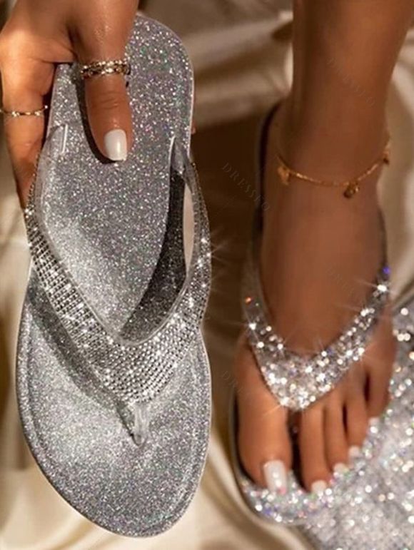 Beach Thong Sandals Rhinestone Sandals - Argent EU 37