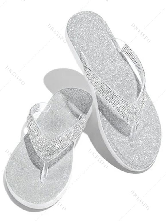 Beach Thong Sandals Rhinestone Sandals - Argent EU 37