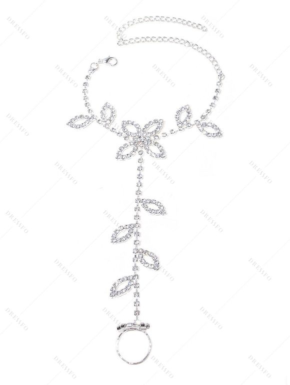 Beach Vacation Foot Chain Rhinestone Floral Leaf Toe Ring Rhinestone Anklet - Argent 