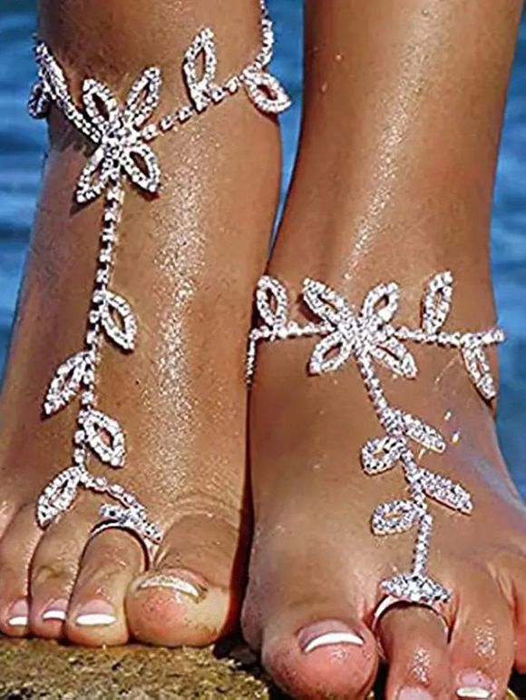Beach Vacation Foot Chain Rhinestone Floral Leaf Toe Ring Rhinestone Anklet - Argent 