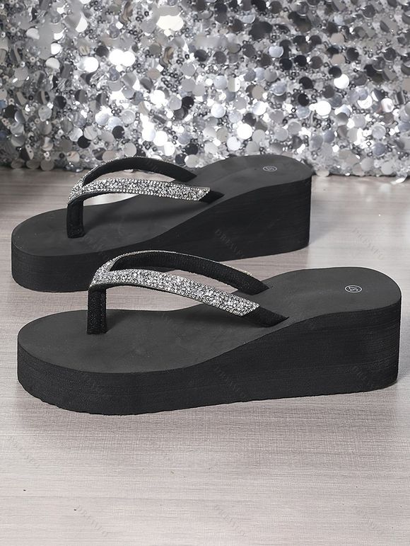 Casual Flip Flops Rhinestone Platform Sole Beach Slippers - Noir EU 42