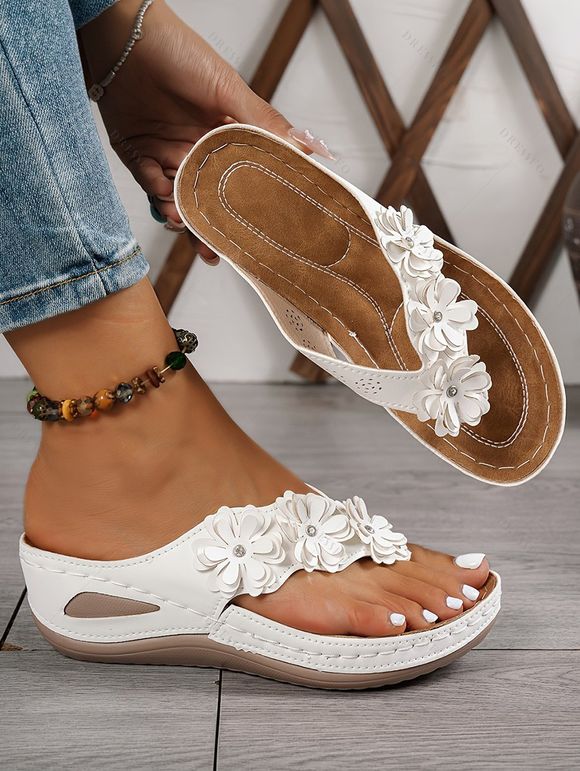 Casual Outdoor Sandals Floral Embellishment Thong Wedge Heel Sandals - Blanc EU 43