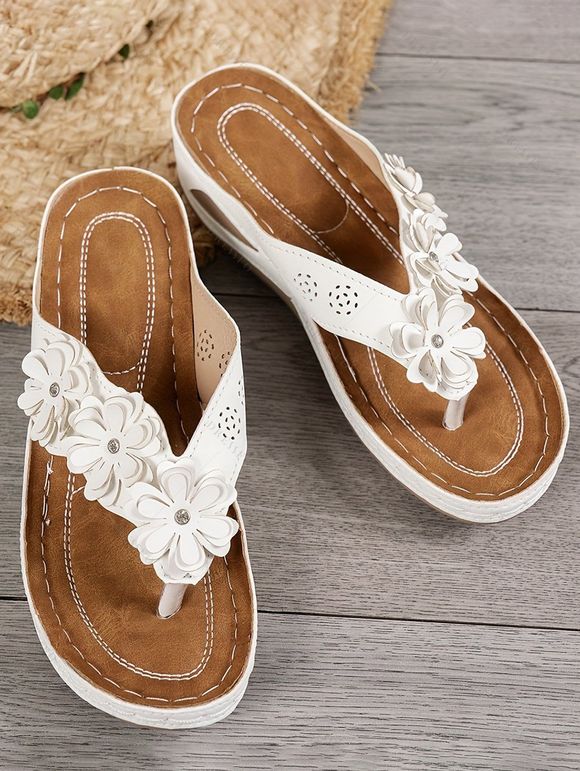 Casual Outdoor Sandals Floral Embellishment Thong Wedge Heel Sandals - Blanc EU 43