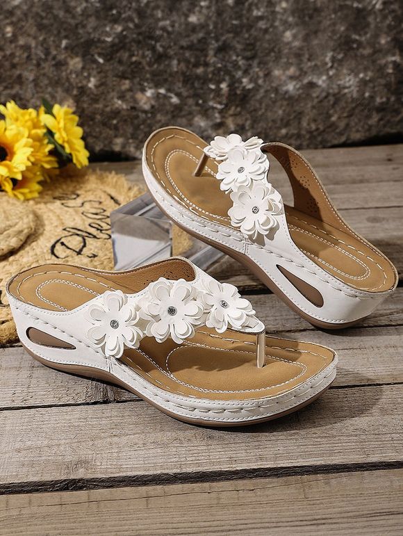 Casual Outdoor Sandals Floral Embellishment Thong Wedge Heel Sandals - Blanc EU 43