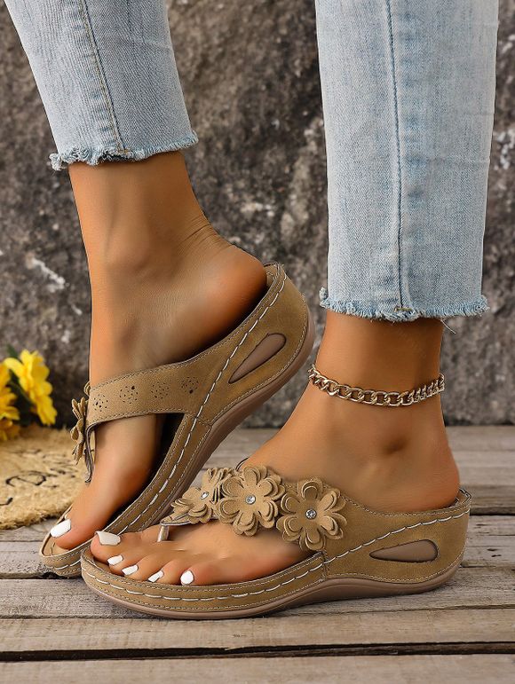 Casual Outdoor Sandals Floral Embellishment Thong Wedge Heel Sandals - Brun Légère EU 43