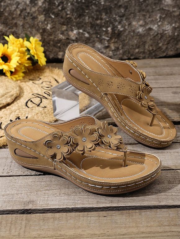 Casual Outdoor Sandals Floral Embellishment Thong Wedge Heel Sandals - Brun Légère EU 43