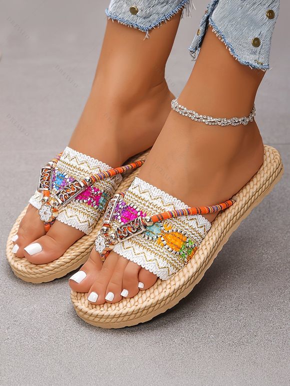 Bohemian Flip Flops Zig Zag Scalloped Rhinestone Woven Beach Slippers - multicolor A EU 43