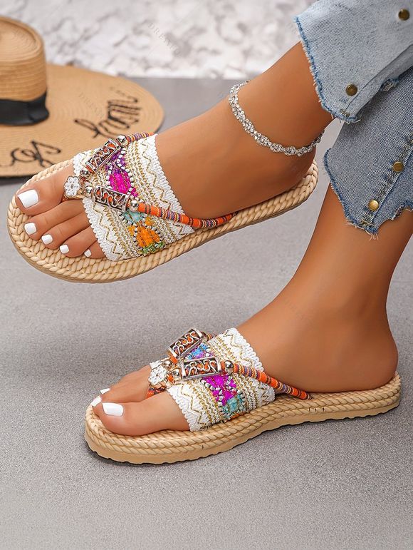 Bohemian Flip Flops Zig Zag Scalloped Rhinestone Woven Beach Slippers - multicolor A EU 43