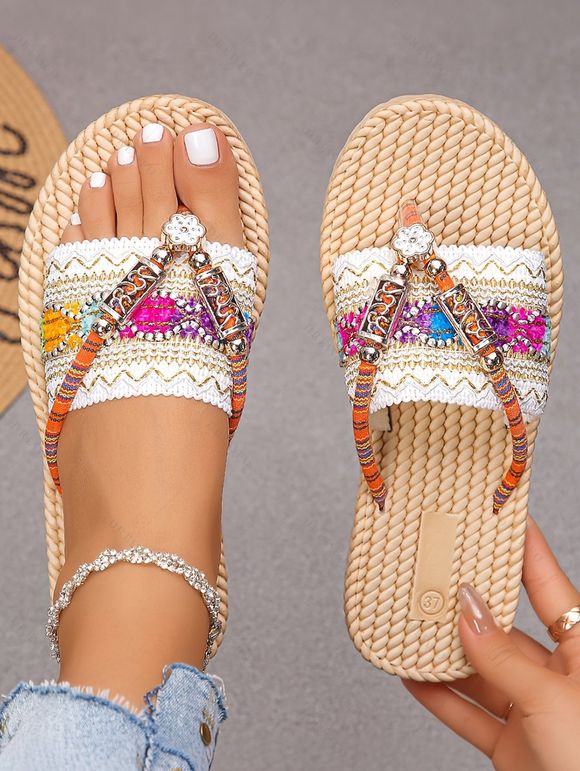 Bohemian Flip Flops Zig Zag Scalloped Rhinestone Woven Beach Slippers - multicolor A EU 43