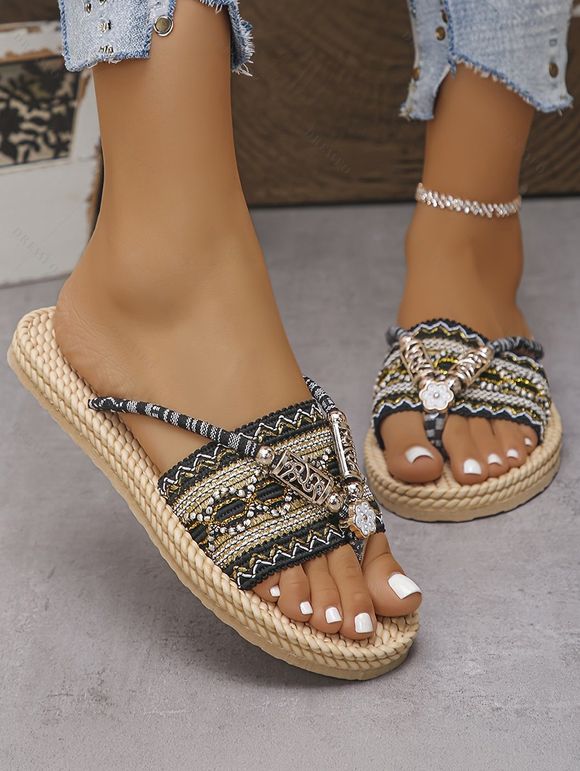 Bohemian Flip Flops Zig Zag Scalloped Rhinestone Woven Beach Slippers - Noir EU 43