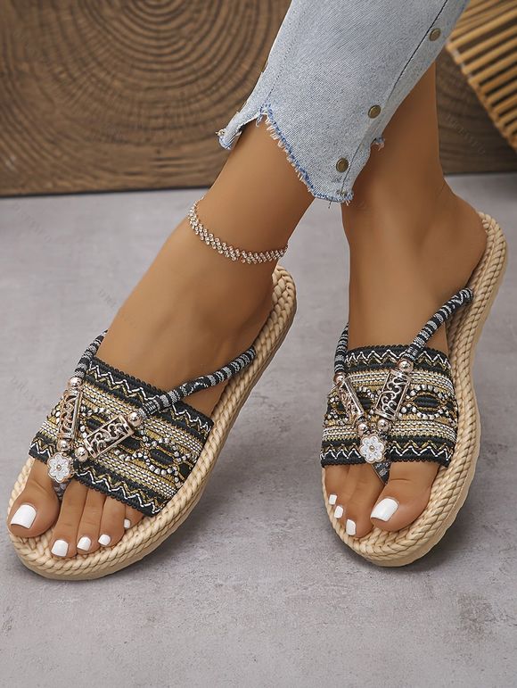 Bohemian Flip Flops Zig Zag Scalloped Rhinestone Woven Beach Slippers - Noir EU 43