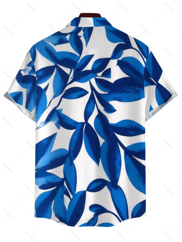Men's Casual Shirt Minimalist Abstract Leaf Print Button Up Shirt - INDIGO COLOR 5XL