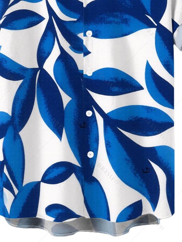 Men's Casual Shirt Minimalist Abstract Leaf Print Button Up Shirt - INDIGO COLOR 5XL