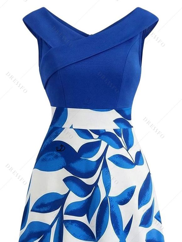 Casual Dress Colorblock Abstract Leaf Print Foldover Dress - INDIGO COLOR XXL | US 14