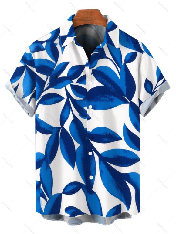 Casual Couple Outfit Colorblock Abstract Leaf Print Foldover Dress and Shirt Set - INDIGO COLOR S | US 4
