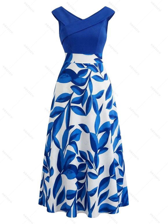 Casual Couple Outfit Colorblock Abstract Leaf Print Foldover Dress and Shirt Set - INDIGO COLOR S | US 4