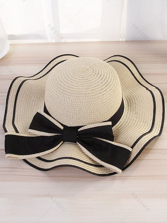 Beach Straw Hat Bowknot Colorblock UV Protection Outdoor Hat - Brun 