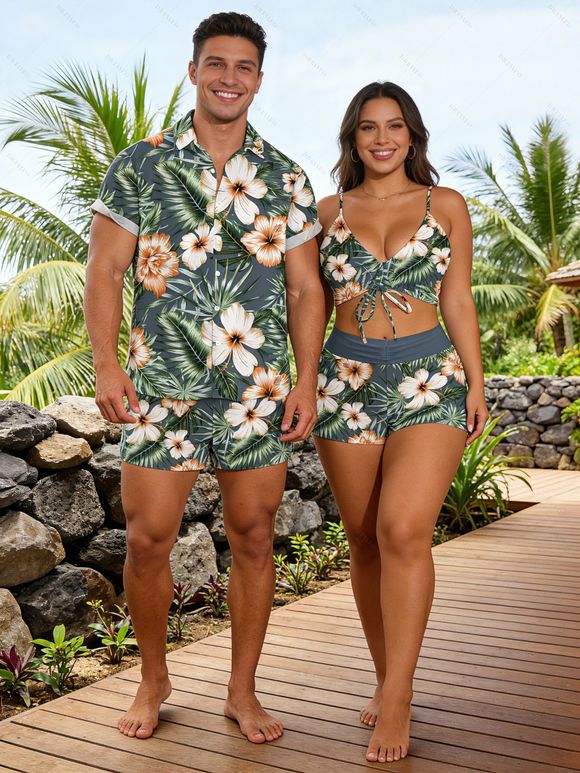 Hawaii Couple Outfit Hibiscus Floral Leaf Print Cinched Boyshorts Swimsuit and Shirt Set - Paon Bleu S | US 4