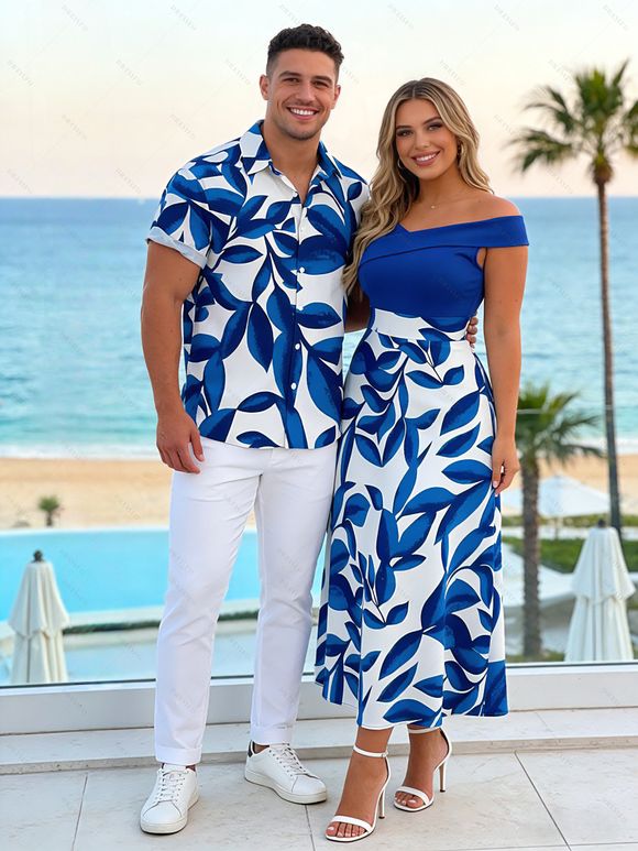 Casual Couple Outfit Colorblock Abstract Leaf Print Foldover Dress and Shirt Set - INDIGO COLOR S | US 4