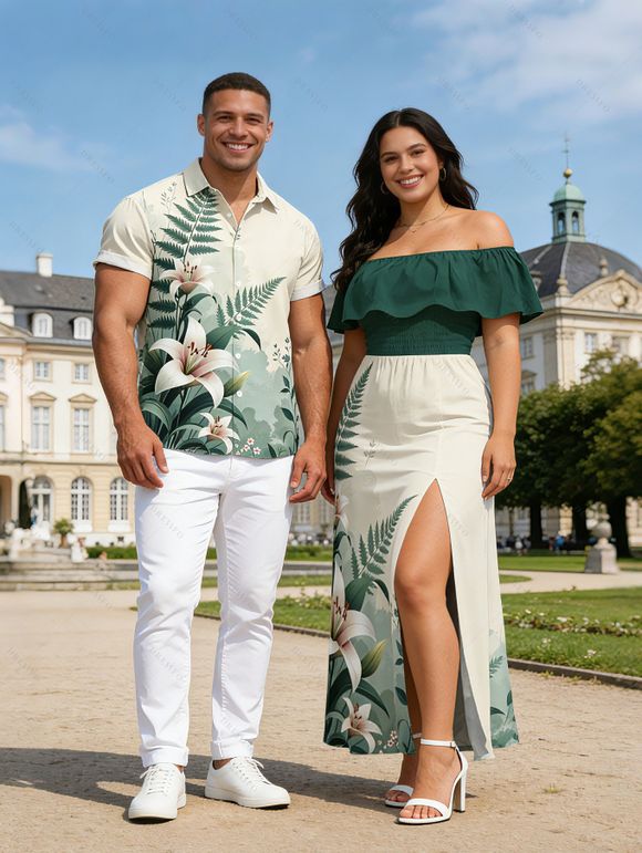 Vacation Couple Outfit Colorblock Lily Floral Print Flounce Off the Shoulder Slit Dress and Shirt Set - Vert S | US 4