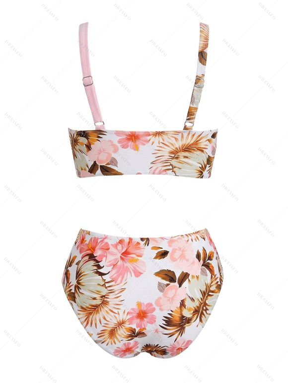 Vacation Swimsuit Colorblock Hibiscus Floral Leaf Print Twist Swimwear Set - Rose clair XL | US 10