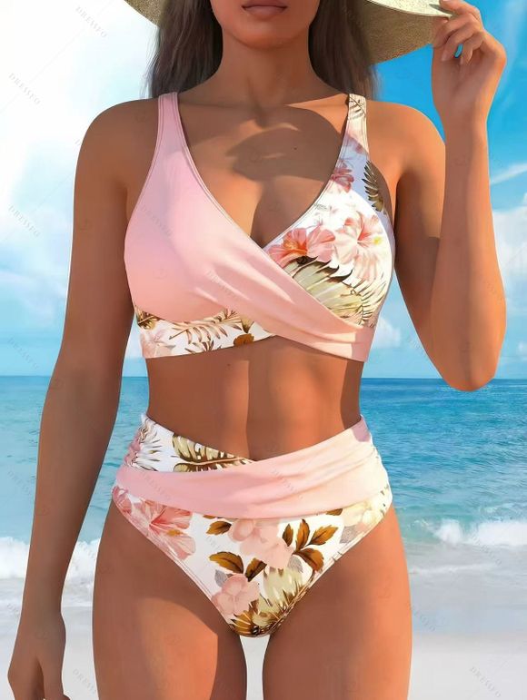 Vacation Swimsuit Colorblock Hibiscus Floral Leaf Print Twist Swimwear Set - Rose clair XL | US 10