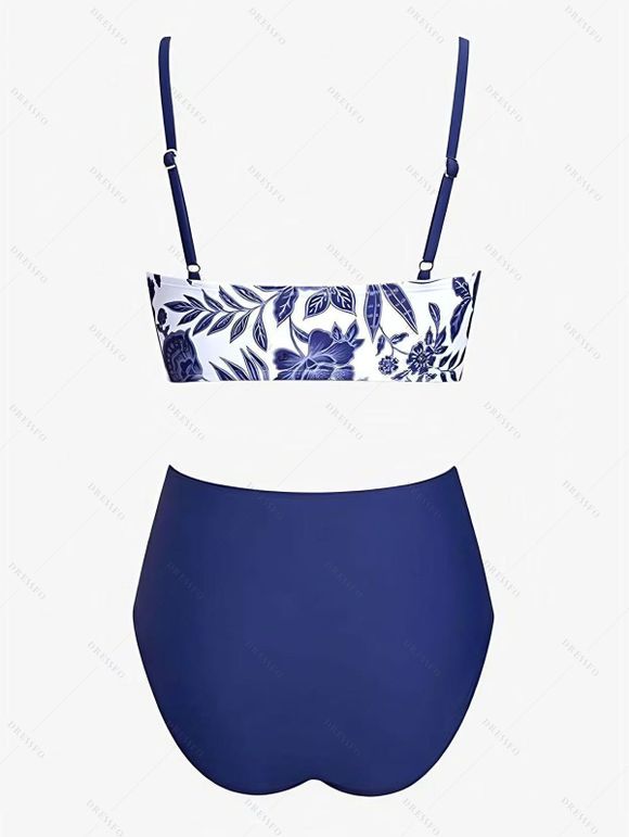 Hawaiian Swimsuit Vintage Bird Floral Print Twist Bra and High Waisted Bottom Swimwear Set - Bleu profond XL | US 10