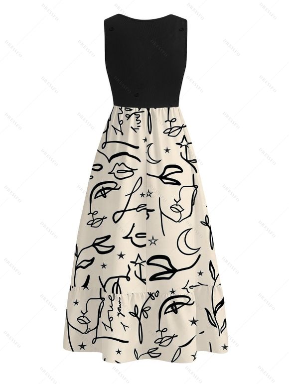 Hawaii Vacation Dress Graffiti Leaf Rose Star Print V Notched Belt Dress - Noir XXL | US 14