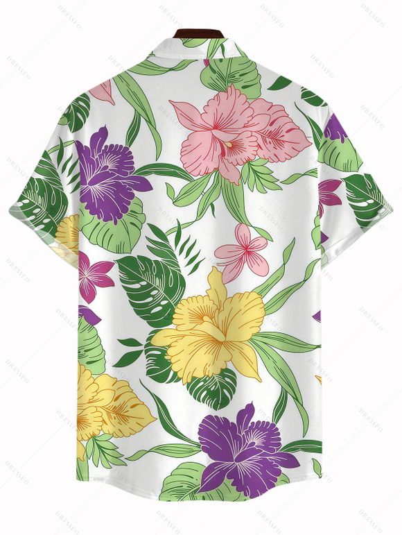 Men's Hawaiian Shirt Vibrant Iris Lily Colorful Floral Print Button Up Shirt - Blanc 5XL