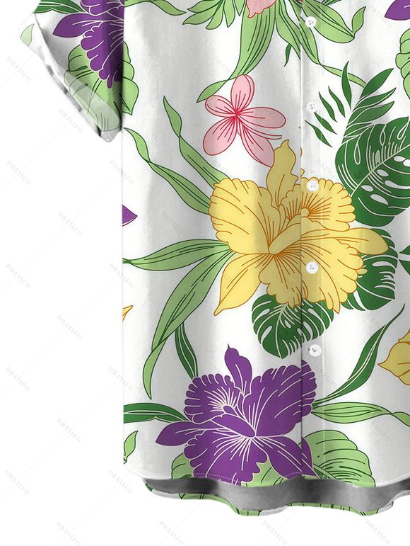 Men's Hawaiian Shirt Vibrant Iris Lily Colorful Floral Print Button Up Shirt - Blanc 5XL