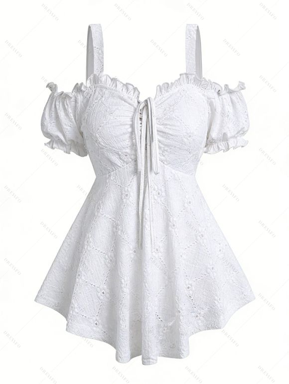 Casual Couple Outfit Geometric Hollow Out Ruffle Cinched Tank Top and Lace Up Flare Jeans Set - Blanc S | US 4