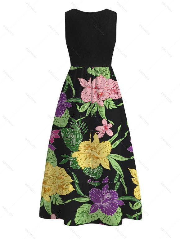 Hawaiian Dress Vibrant Iris Lily Colorful Floral Print V Notched Belt Dress - Noir XXL | US 14